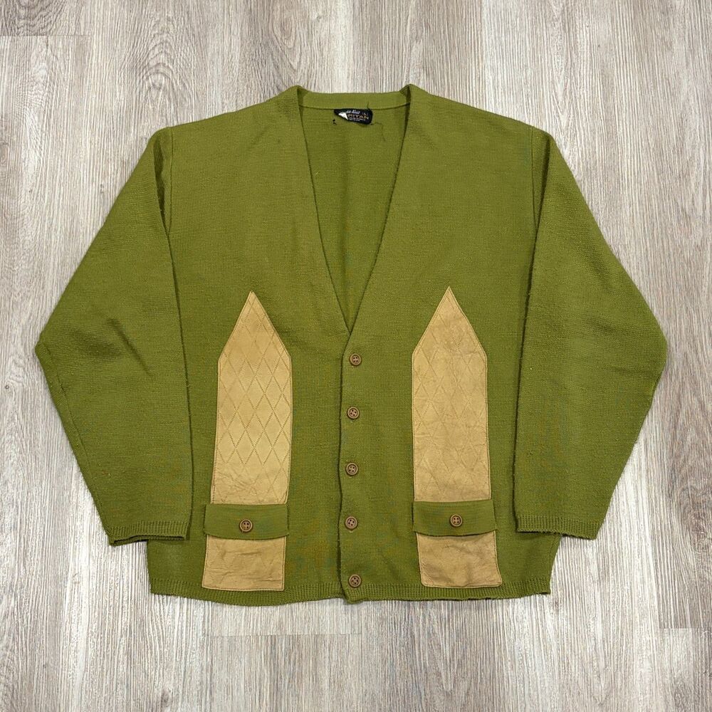 Vintage 60s 70s Puritan Green Tan Sz L Acrylic Knit Cardigan Sweater USA Made